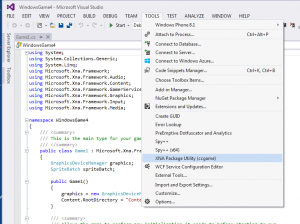 XNA Package Utility (ccgame) shown in External Tools menu of VS2013